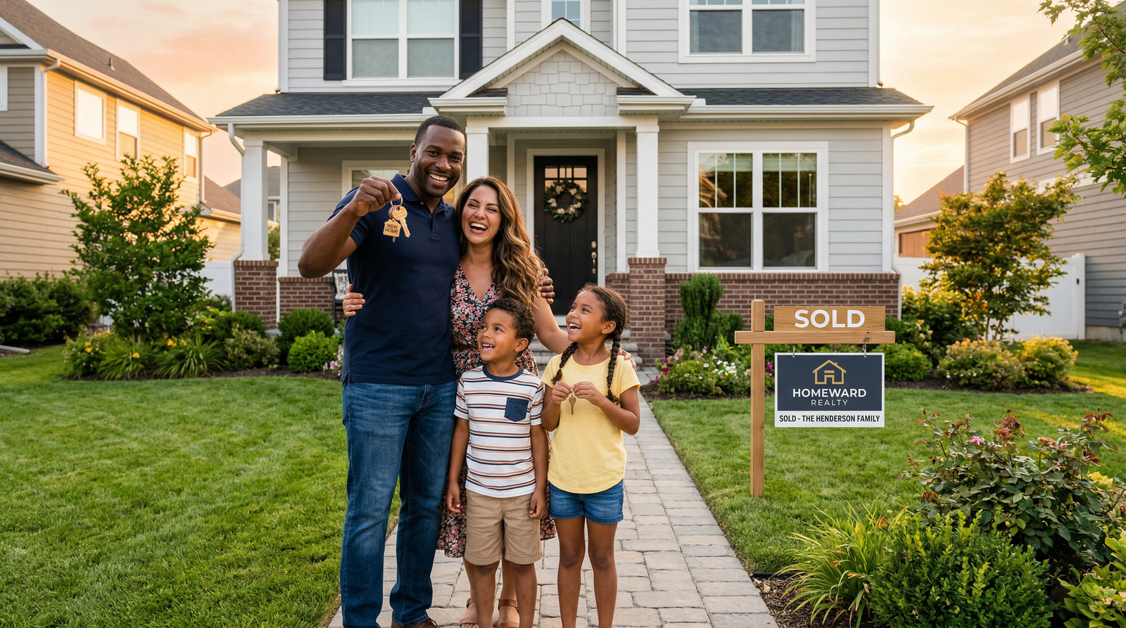 Happy family in front of their new home
